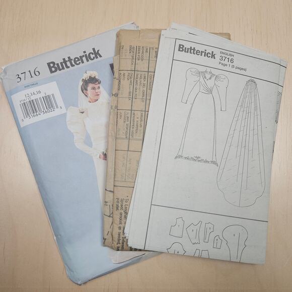 Butterick Making History Wedding Dress Pattern 3716 Sizes 12,14,16 Veil, Train - Picture 2 of 3